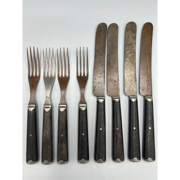 Antique Civil War Era Silverware 8 pc Set 4 Knife 4 Fork Primitive Wood Handles - Picture 1 of 16